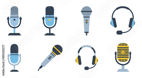 Set of 8 professional microphones and headphones icons for audio recording and podcasting flat design