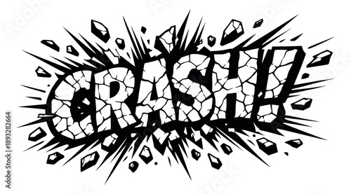 Dynamic line art illustration of 'CRASH!' depicting an explosive destruction for a comic book sound effect