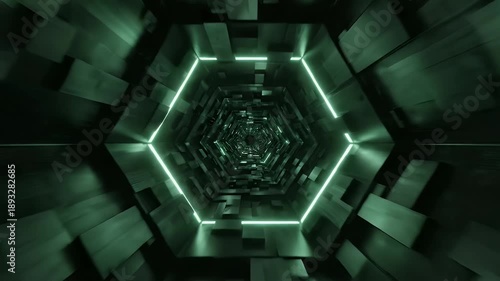 Hexagonal Tunnel with Glowing Green Neon Lights and Geometric Abstract Blocks