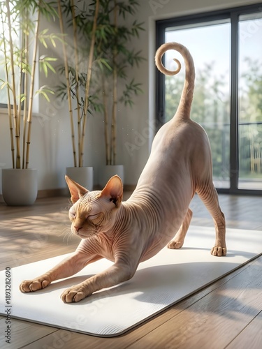 Hairless Sphynx Cat Stretching on Yoga Mat Indoors