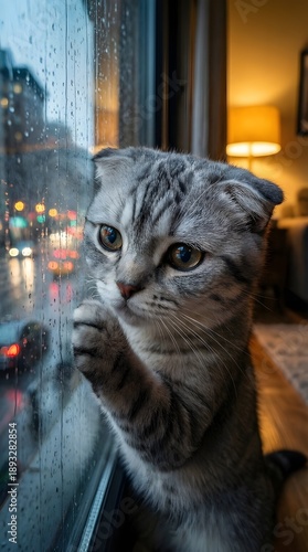 Scottish Fold Cat Looking Through Rainy Window