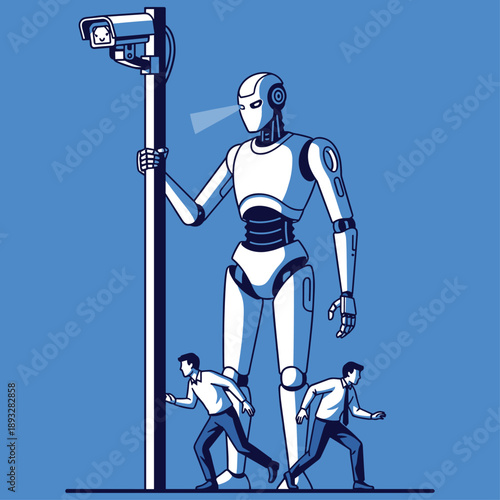 Humanoid Robot Monitoring Surveillance Cameras While Humans Flee, Concept of AI Oversight, Digital Privacy Invasion, Automated Security Systems, and Technological Surveillance Vector Illustration