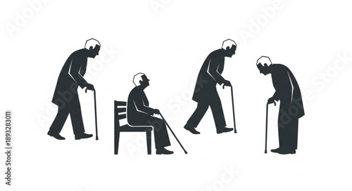 Silhouettes of elderly people with canes showing different poses.