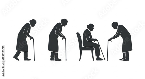 Silhouettes of elderly people with canes showing different poses.