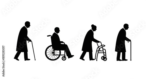 Silhouettes of elderly people with mobility aids.