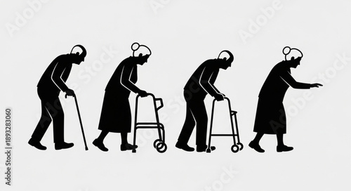 Silhouettes of elderly people walking with walking aids.