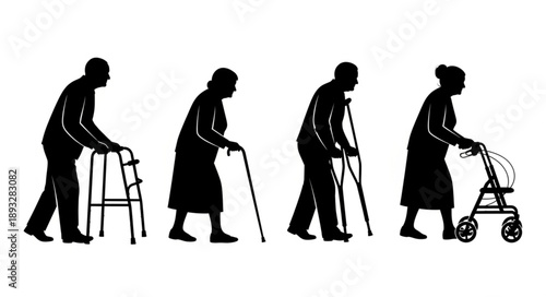Silhouettes of elderly people walking with mobility aids.