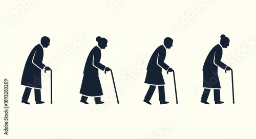 Silhouettes of elderly people walking with canes showing aging process.