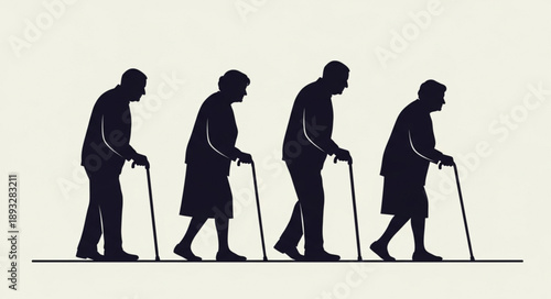 Silhouettes of elderly people walking with canes representing aging.
