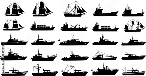 Ship silhouette set, boat vector icons, maritime vessel illustration, fishing yacht cargo ferry, black transport shapes, nautical graphic pack