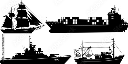Ship silhouette set, boat vector icons, maritime vessel illustration, fishing yacht cargo ferry, black transport shapes, nautical graphic pack