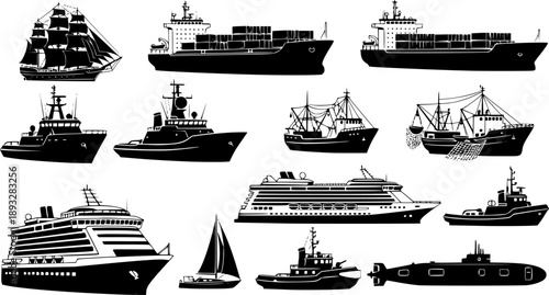 Ship silhouette set, boat vector icons, maritime vessel illustration, fishing yacht cargo ferry, black transport shapes, nautical graphic pack