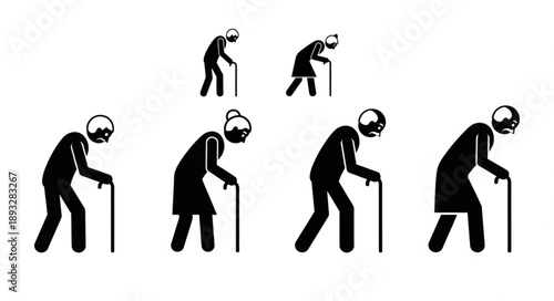 Silhouettes of elderly people walking with canes representing aging.