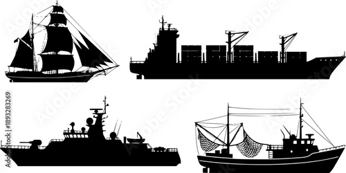 Ship silhouette set, boat vector icons, maritime vessel illustration, fishing yacht cargo ferry, black transport shapes, nautical graphic pack