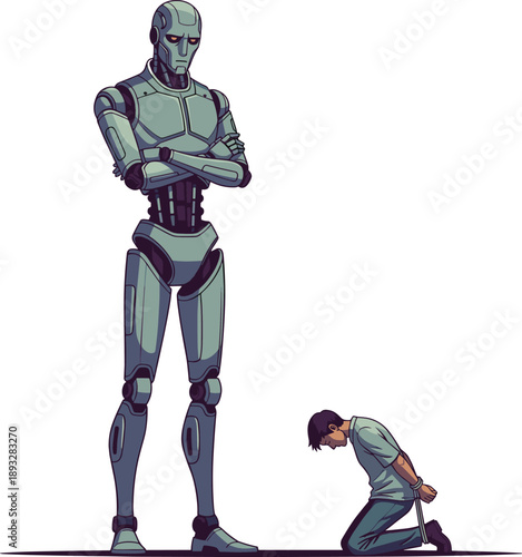 Authoritative Robot Standing Over a Kneeling Human with Bound Hands, Concept of AI Dominance, Cybernetic Tyranny, Dystopian Technology Uprising, and Human Subjugation Vector Illustration