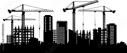 Black silhouette of a construction site isolated on transparent background. Construction cranes over buildings. City development. Urban skyline. Element for your design. Vector illustration. 