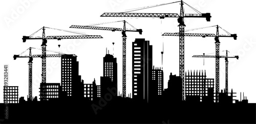 Black silhouette of a construction site isolated on transparent background. Construction cranes over buildings. City development. Urban skyline. Element for your design. Vector illustration. 