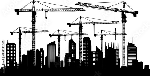 Black silhouette of a construction site isolated on transparent background. Construction cranes over buildings. City development. Urban skyline. Element for your design. Vector illustration. 
