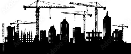 Black silhouette of a construction site isolated on transparent background. Construction cranes over buildings. City development. Urban skyline. Element for your design. Vector illustration. 