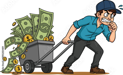 Stressed Man Straining to Pull a Cart Overflowing with Money and Gold Coins, Concept of Financial Burden, Wealth Accumulation Stress, Hard Labor for Profit, and Monetary Pressure Vector Illustration
