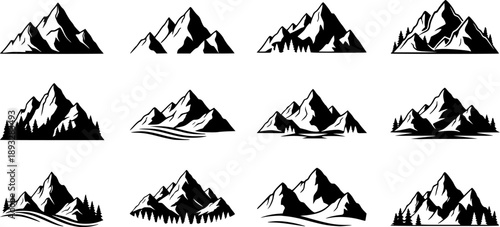 Set of vector mountain silhouette or vintage hill peak outline for forest logo or nature landscape design. Mountain silhouette pattern for hiking or camping business. Summer mountain travel line art.