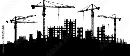 Black silhouette of a construction site isolated on transparent background. Construction cranes over buildings. City development. Urban skyline. Element for your design. Vector illustration. 