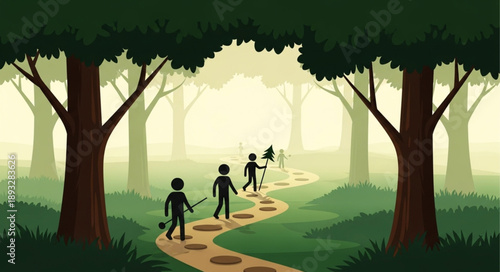 Silhouettes of people walking on a path through a misty forest.