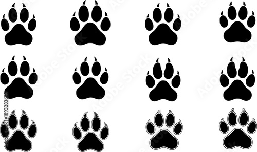 Vector set of animal paw print illustrations, showcasing solid and outline track designs for pet care branding and wildlife iconography