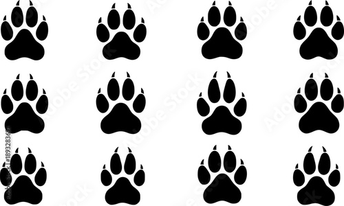 Vector set of animal paw print illustrations, showcasing solid and outline track designs for pet care branding and wildlife iconography