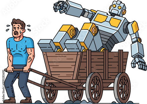 Stressed Human Hauling a Malfunctioning Robot in a Wooden Cart, Concept of Technological Dependency, Human Resilience, AI Maintenance Burden, and Role Reversal in the Machine Age Vector Illustration