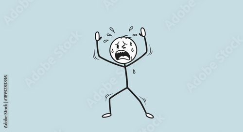 A simple stick figure with a distressed expression and raised arms.