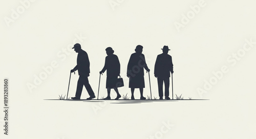 Silhouettes of four elderly people walking together outdoors.