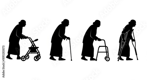 Silhouettes of elderly women with walking aids.