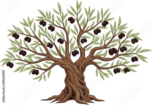 Olive trees with branches and leaves for design of packaging, label, logotype or banner. Natural organic stylized olive icon, premium quality sign. Vector illustration 