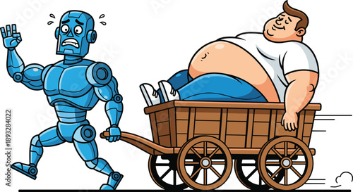 Panicked Blue Robot Pulling a Relaxed Human in a Wooden Cart, Concept of Automated Labor Imbalance, AI Servitude, Human-Machine Role Reversal, and Future Technology Stress Vector Illustration