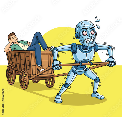 Stressed Robot Pulling a Human Relaxing in a Wooden Cart, Concept of Automated Labor Imbalance, AI Servitude, Human-Machine Role Reversal, and Future Technology Stress Vector Illustration