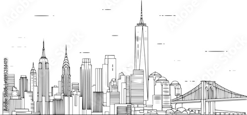 new york city skyline line art style vector.