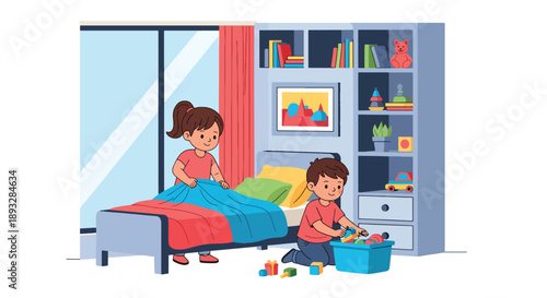 Little siblings cleaning their shared bedroom together, modern flat vector illustration showing teamwork, cooperation, responsibility, and positive family habits at home