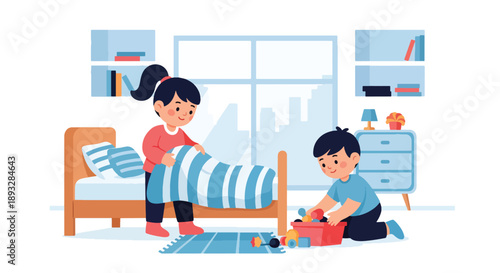 Little siblings cleaning their shared bedroom together, modern flat vector illustration showing teamwork, cooperation, responsibility, and positive family habits at home