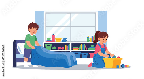 Little siblings cleaning their shared bedroom together, modern flat vector illustration showing teamwork, cooperation, responsibility, and positive family habits at home
