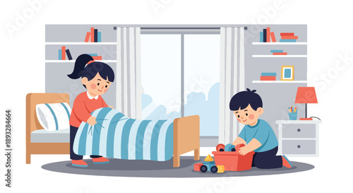 Little siblings cleaning their shared bedroom together, modern flat vector illustration showing teamwork, cooperation, responsibility, and positive family habits at home