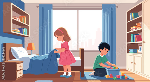 Little siblings cleaning their shared bedroom together, modern flat vector illustration showing teamwork, cooperation, responsibility, and positive family habits at home