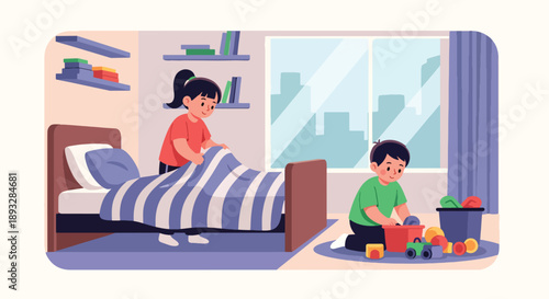 Little siblings cleaning their shared bedroom together, modern flat vector illustration showing teamwork, cooperation, responsibility, and positive family habits at home