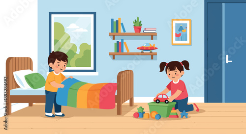 Little siblings cleaning their shared bedroom together, modern flat vector illustration showing teamwork, cooperation, responsibility, and positive family habits at home