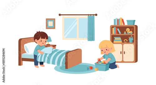 Little siblings cleaning their shared bedroom together, modern flat vector illustration showing teamwork, cooperation, responsibility, and positive family habits at home