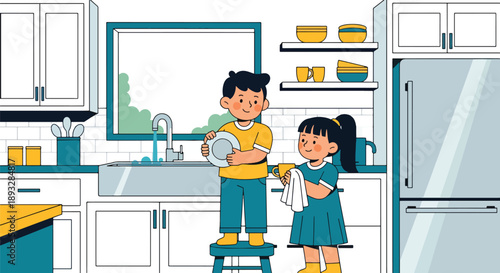 Little siblings washing dishes together in the kitchen, modern flat vector illustration promoting teamwork, cooperation, and shared household responsibility
