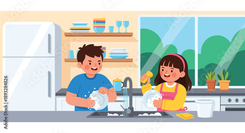 Little siblings washing dishes together in the kitchen, modern flat vector illustration promoting teamwork, cooperation, and shared household responsibility