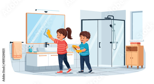 Siblings cleaning the bathroom together, modern flat vector showing cooperation, responsibility, hygiene awareness, and positive family routines
