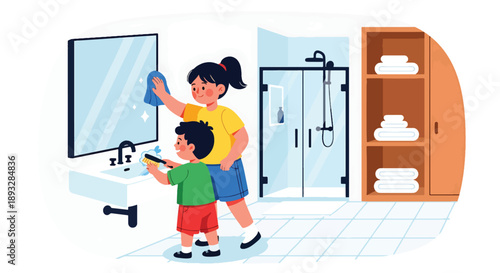 Siblings cleaning the bathroom together, modern flat vector showing cooperation, responsibility, hygiene awareness, and positive family routines