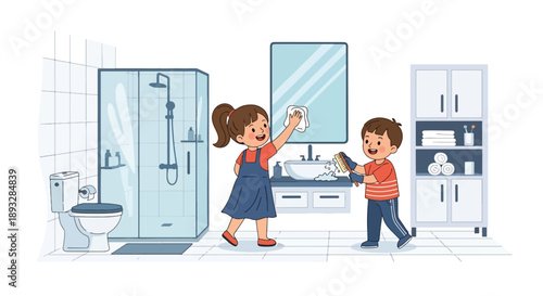 Siblings cleaning the bathroom together, modern flat vector showing cooperation, responsibility, hygiene awareness, and positive family routines